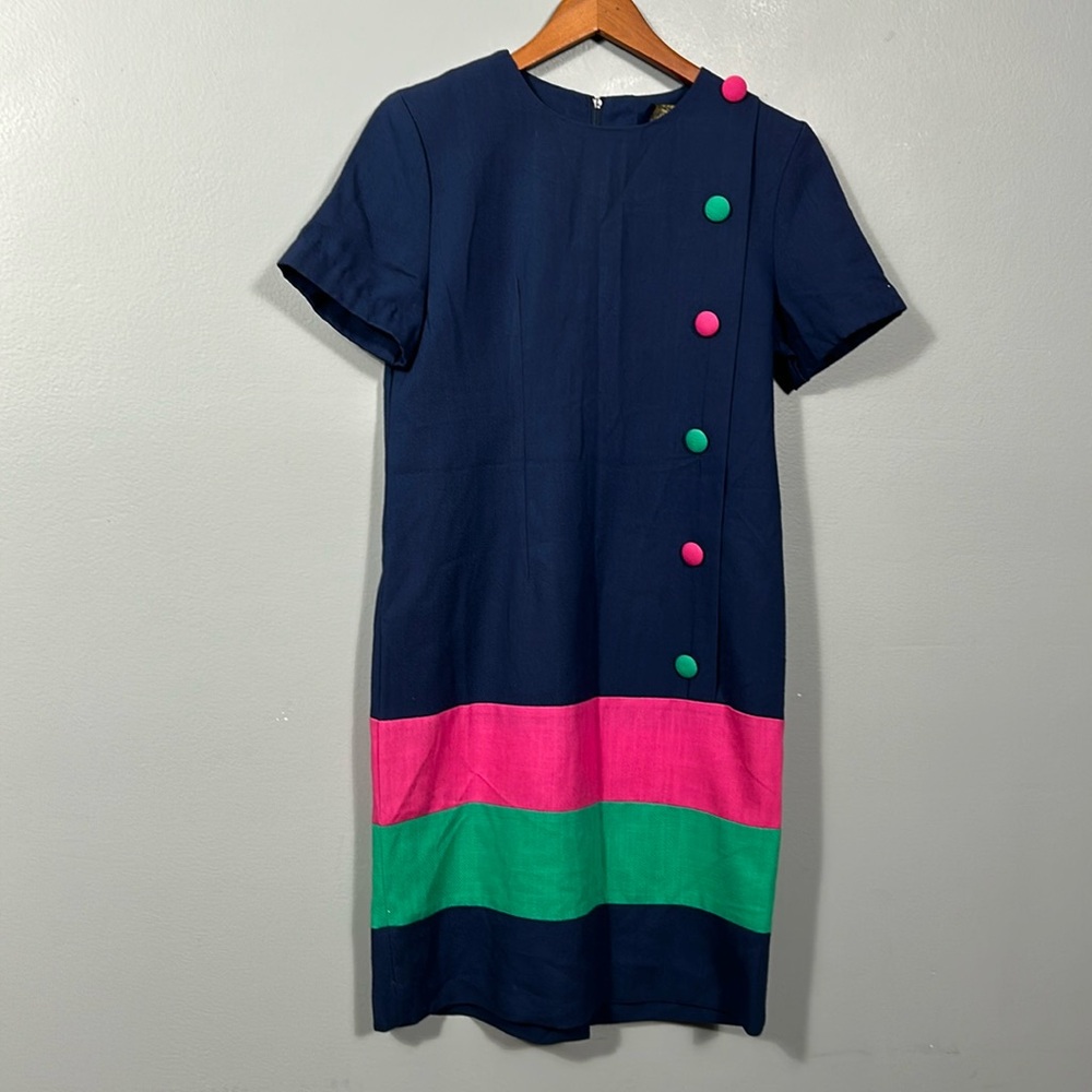 Vintage 1980s Willow Ridge Navy Pink Green Office Work Dress Women's size small